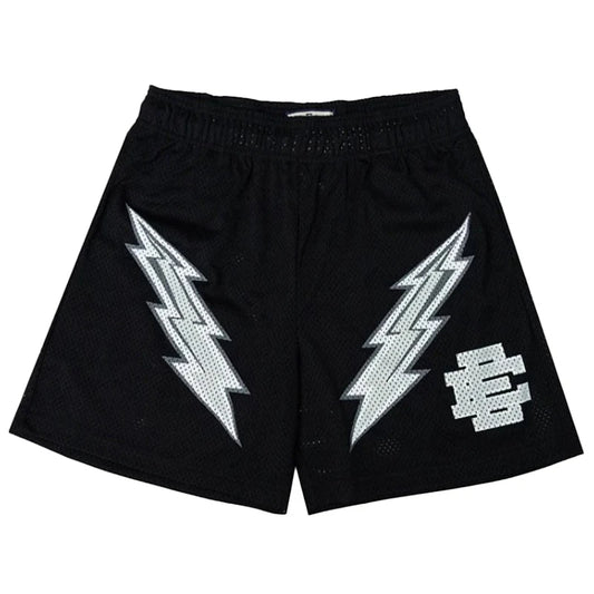 Black Streetwear Shorts with White Lightning Bolts